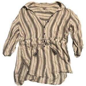 Kidney Striped white and Black Button Down Women's Top